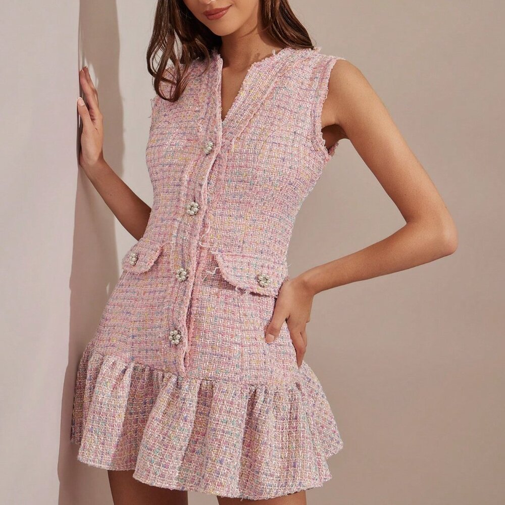 Pink Elegant Women's Floral Tweed Mini Dress - Picture 6 of 7